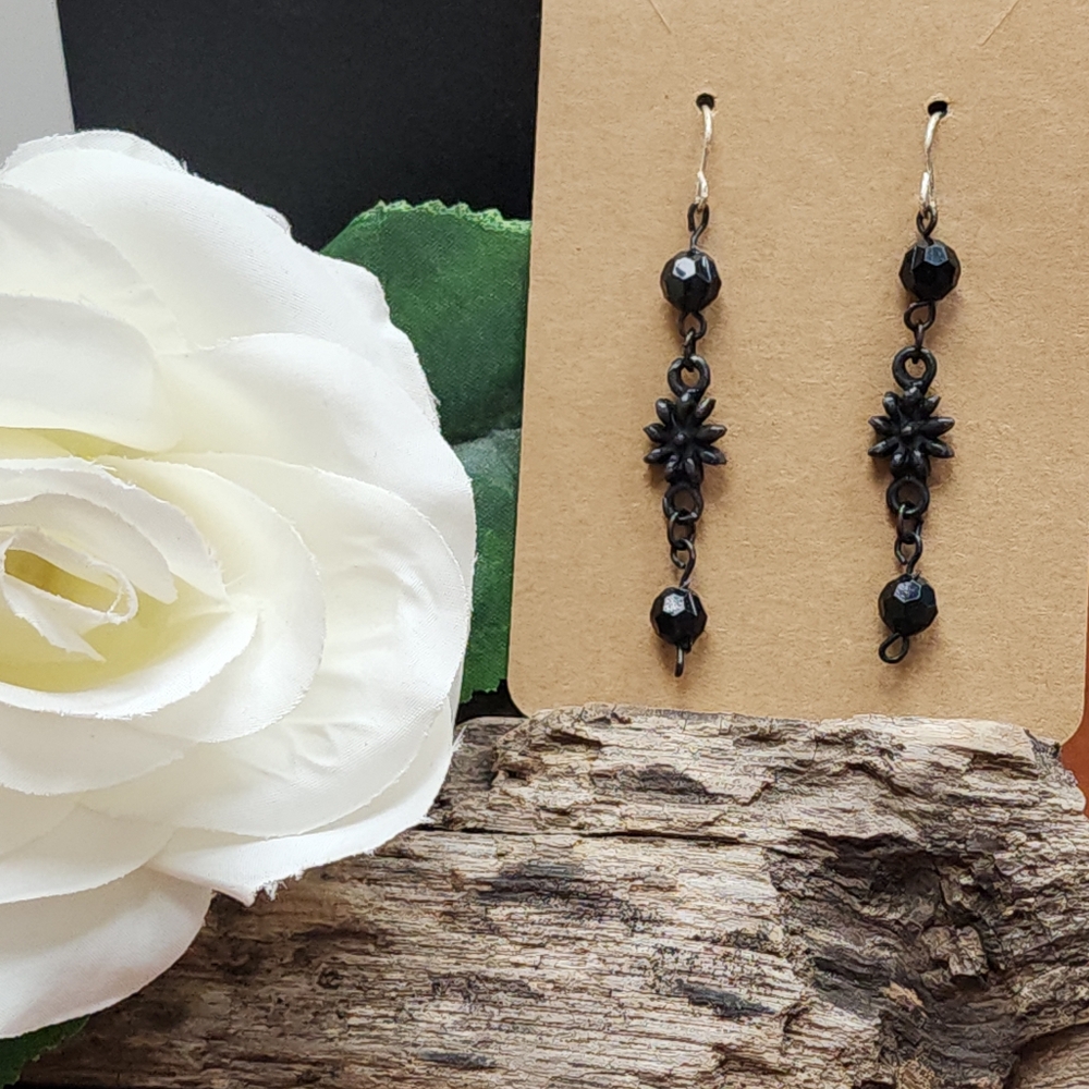 Elegant Black Metal Dangle Flower Earrings